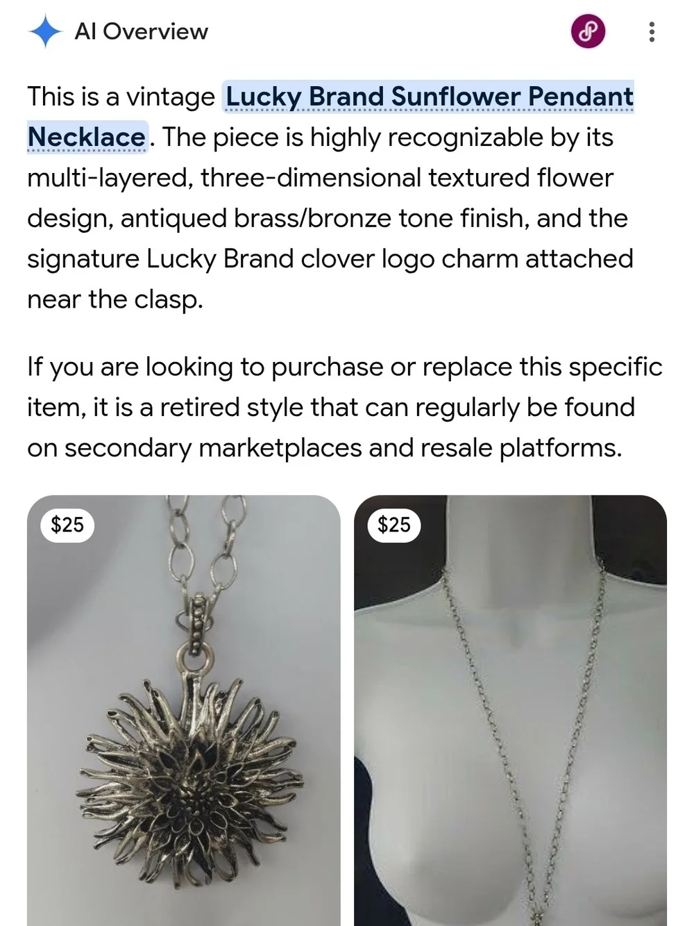 Lucky Brand Sunflower Pendant Long Necklace 30